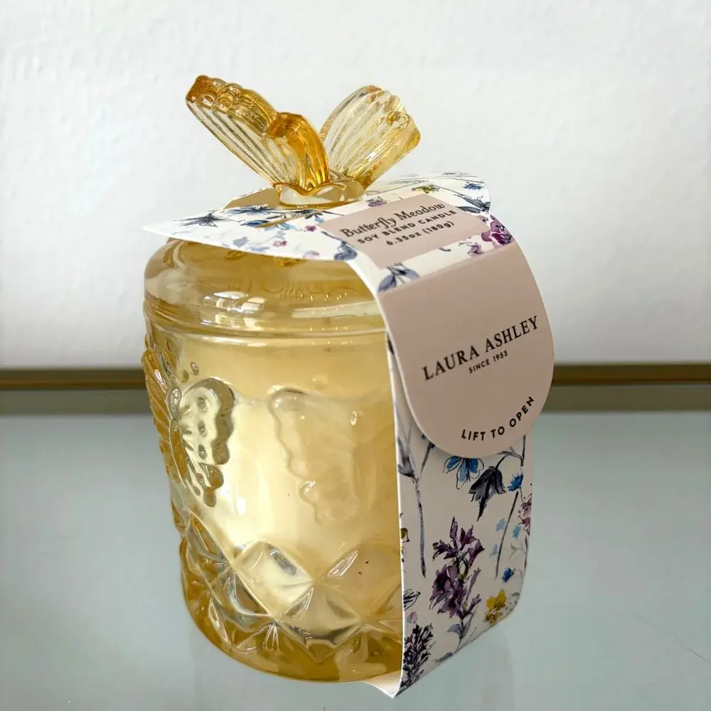 Laura Ashley BUTTERFY MEADOW Soy Blend Candle in Decorative Yellow Jar w/ Lid
